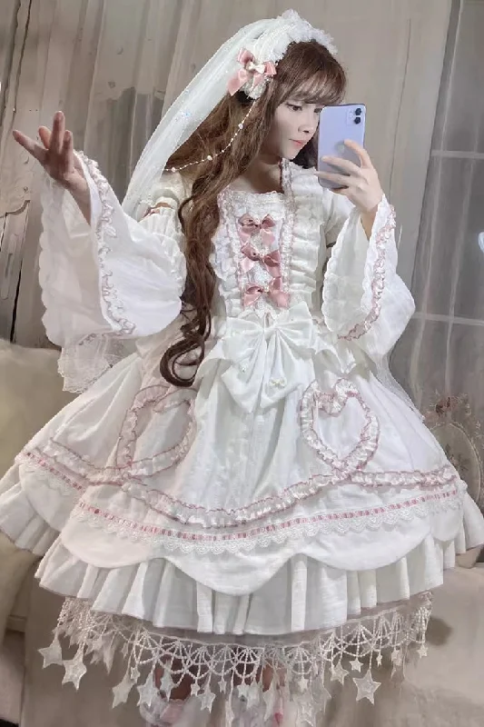 White [Pure Love Story] Hanayome Bowknot Stitching Ji Sleeves Sweet Lolita Dress Pastel unclassified dresses