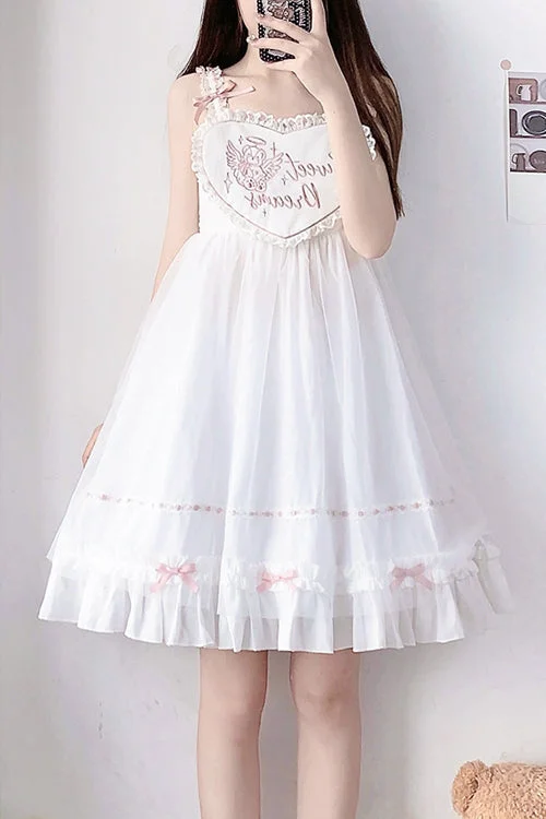 White Ruffled Shoulder Strap Heart Pattern Sweet Lolita JSK Dress Long sleeve unclassified dresses