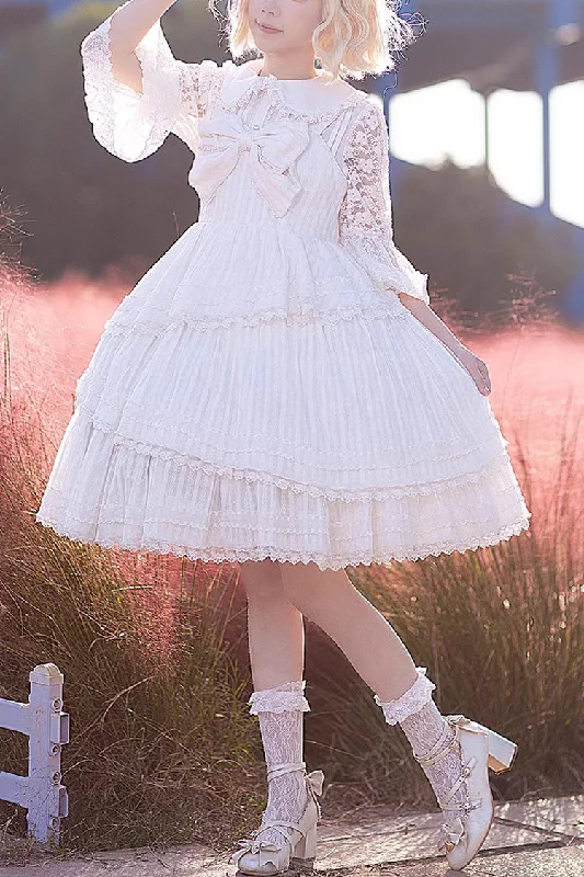 White Solid Color Tower of Dawn Bowknot Sleeveless Ruffle Sweet Lolita Dress Halter unclassified dresses