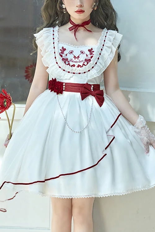 White Square Collar Ruffled Strap Waist Bow Sweet Lolita JSK Dress Sleeveless unclassified dresses