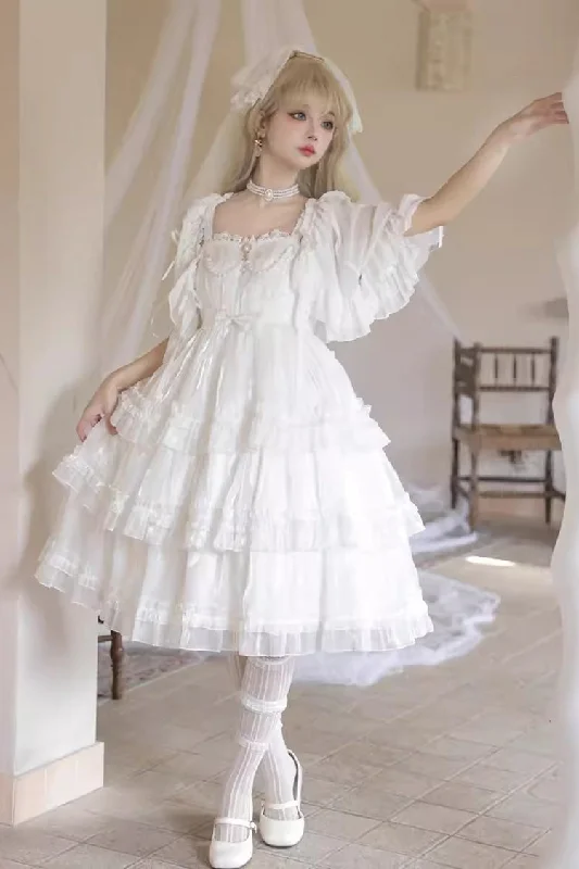 White Star Gauze Romance Multi-layer Ruffle Bowknot Sweet Elegant Princess Lolita Jsk Dress Summer unclassified dresses