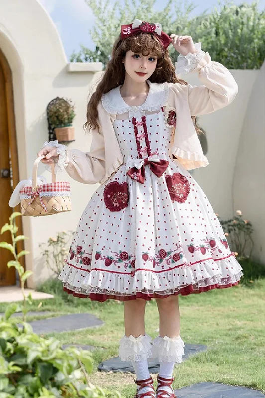 White [Strawberry Diary] Print Ruffle Bowknot Sweet Lolita Jsk Dress Embroidered unclassified dresses