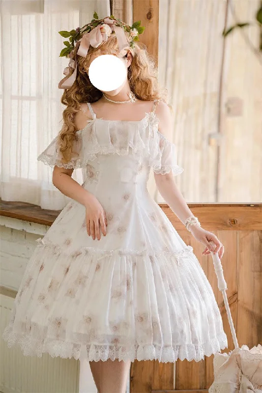 White Sunflower Dance Print Sweet Elegant Princess Lolita Jsk Dress Office unclassified dresses