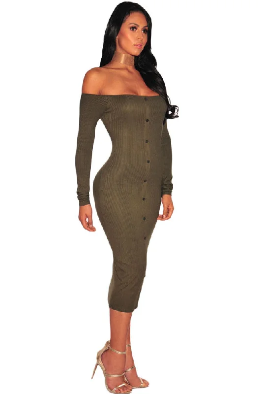 Army Green Ribbed Knit Off Shoulder Dress High-end unclassified dresses