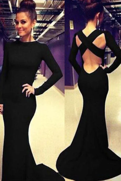 Black Sleeved Floor-length Dress with Cutout Back Preppy unclassified dresses