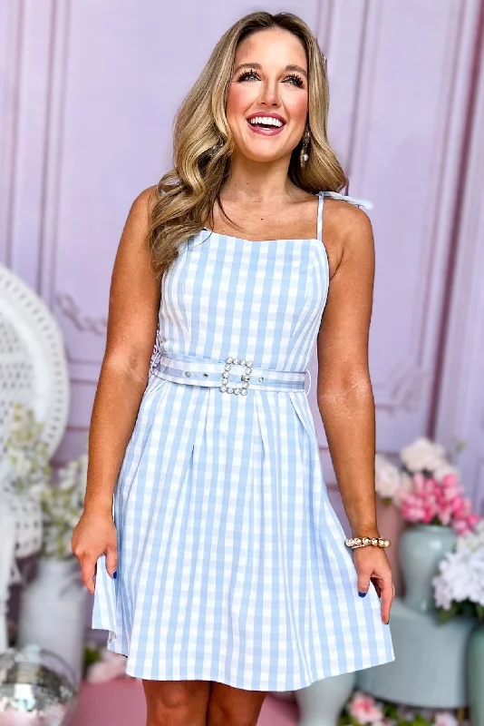 Blue Gingham Tie Shoulder Belted Pleated Dress *FINAL SALE* Chiffon unclassified dresses