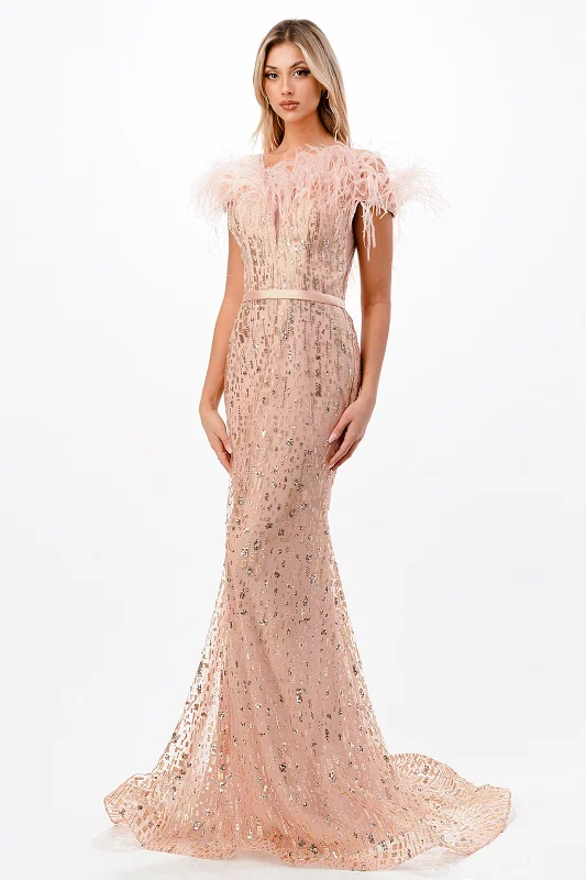 Cinderella Divine CB082: Enchanting Mermaid Gown with Feather Accents and Glitter Embellishments Earthy tone unclassified dresses