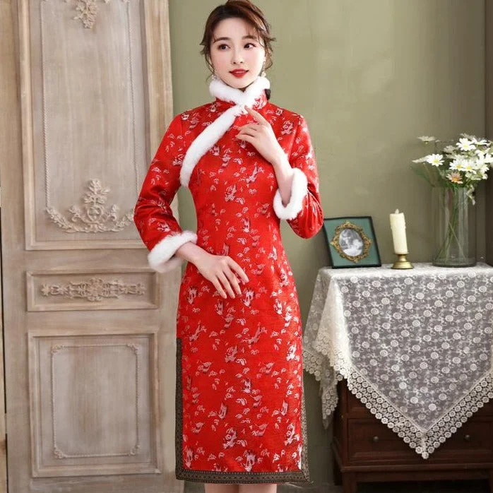 Crane Pattern Brocade Fur Edge Traditional Cheongsam Wadded Chinese Dress Bodycon unclassified dresses