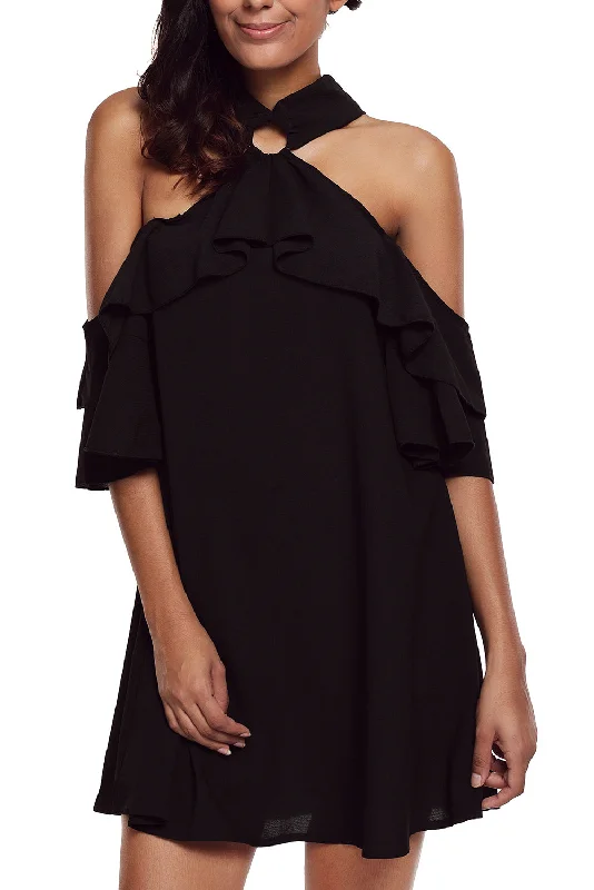 Black Adorable Sexy O Ring Detail Ruffle Dress Cocktail unclassified dresses