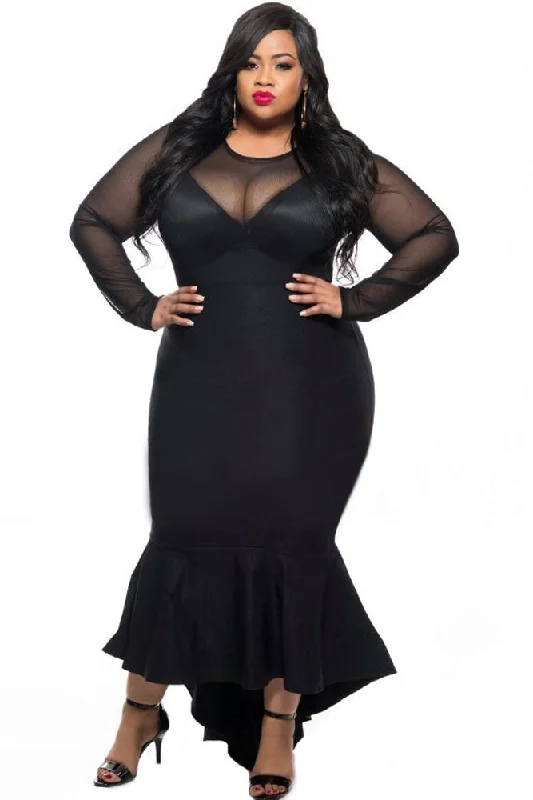 Black Sheer Mesh Splice Curvy Mermaid Dress Silk unclassified dresses