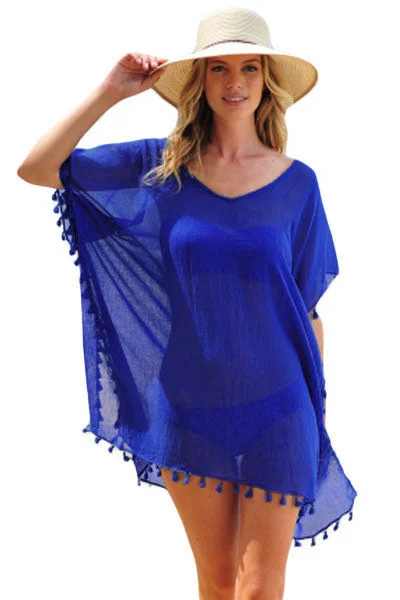 Blue Pom Pom Tassel Hem Gauze Cover up Spring unclassified dresses