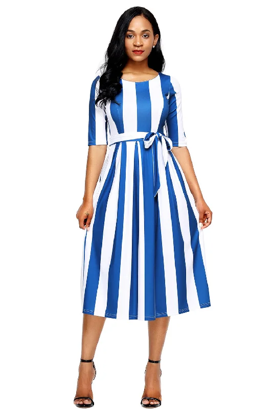 Blue Stripe Print Half Sleeve Belted Dress Winter unclassified dresses