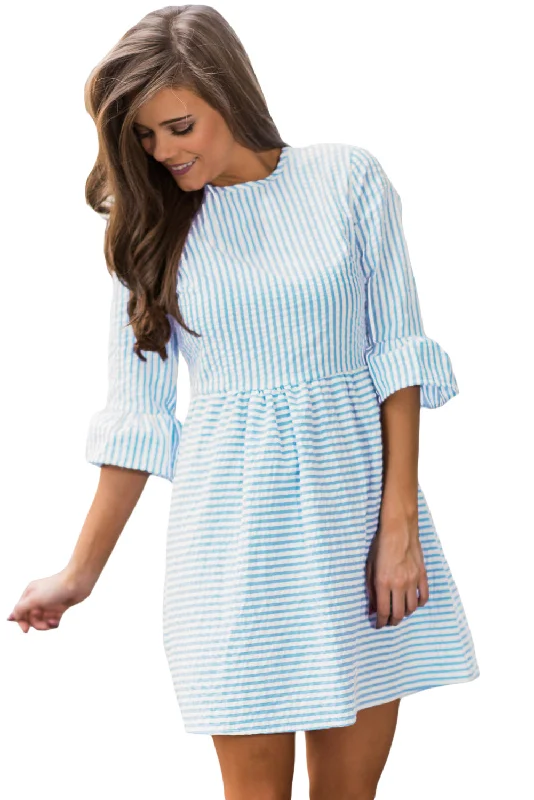 Blue White Stripe Flounce Sleeve Seersucker Dress Summer unclassified dresses