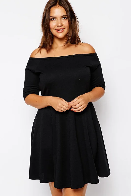 Boat Neck Fleshy Black Skater Dress Breathable unclassified dresses