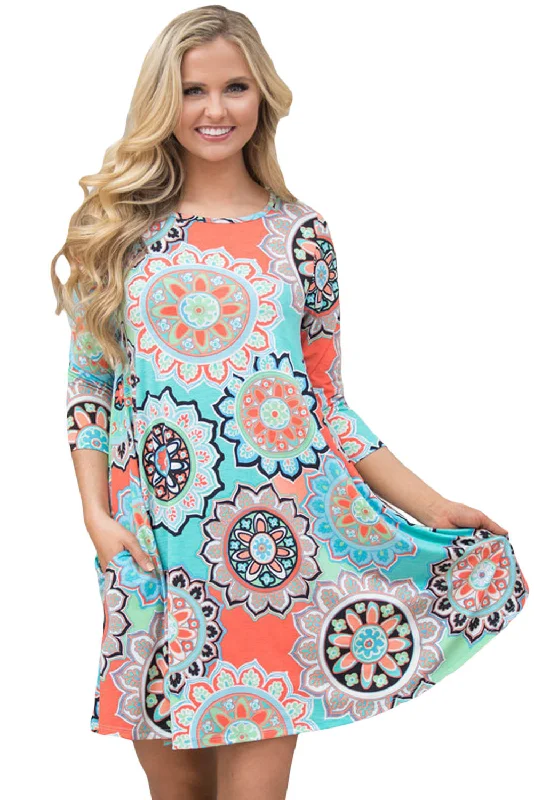 Bohemian Sunflower Print Aqua Blue Dress Lightweight unclassified dresses