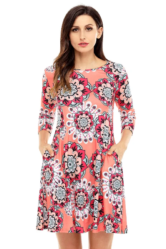 Bohemian Sunflower Print Coral Dress Soft fabric unclassified dresses