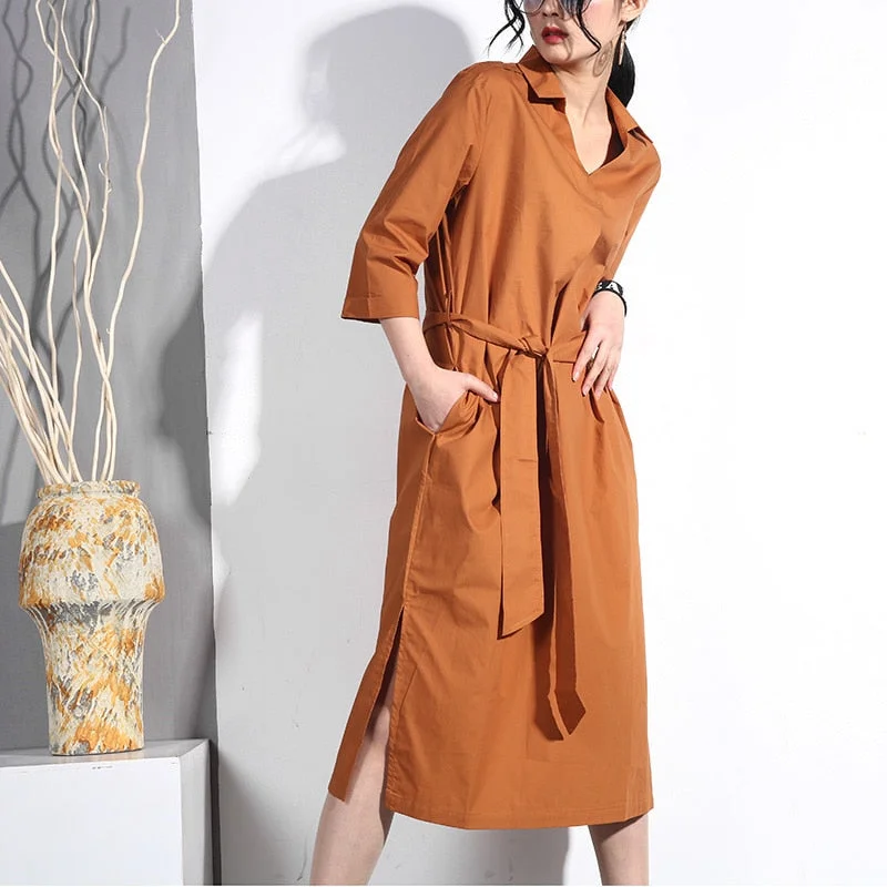 Summer Fashion Tide Solid Color Lapel Three-quarter Sleeve Sasehs Split Brief Loose Dress Engagement unclassified dresses