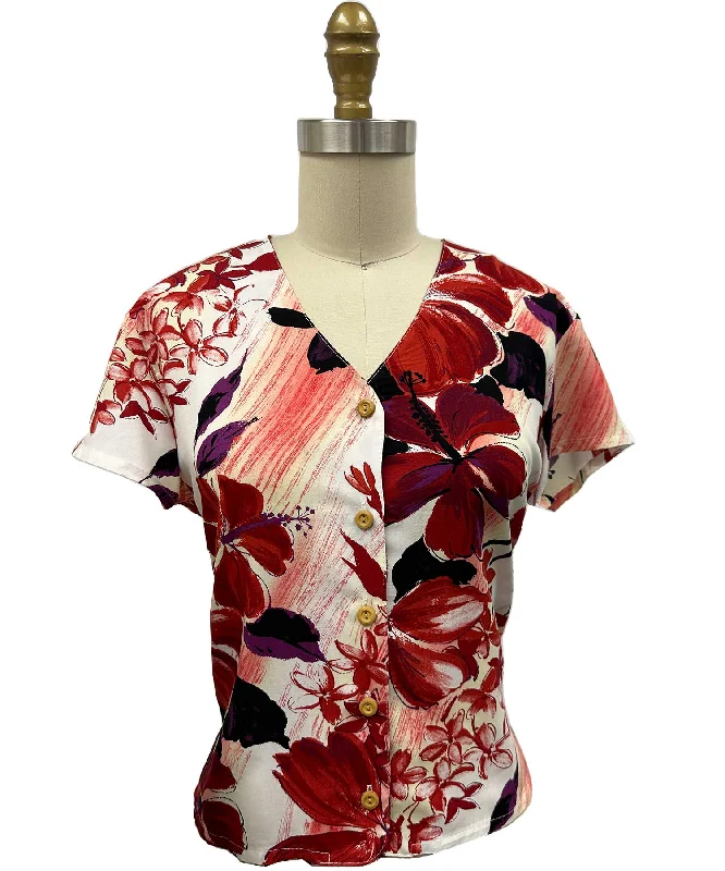 Watercolor Hibiscus Red V-Neck Blouse Date night unclassified dresses