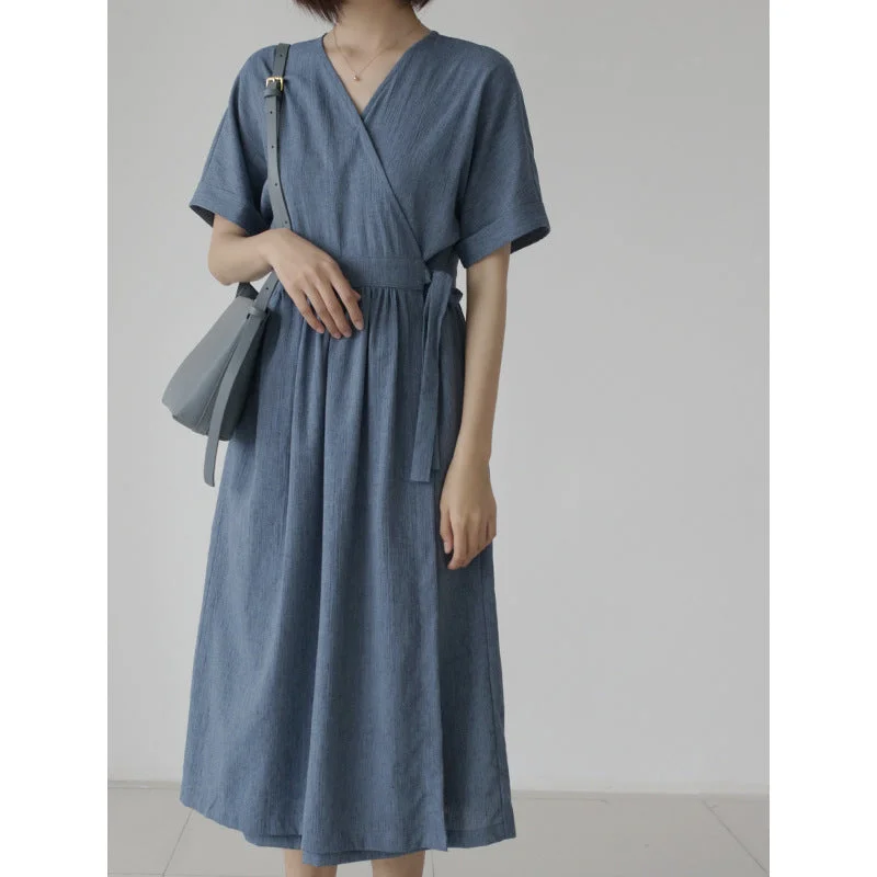 Women Vintage Cotton Linen High Waist V-neck Elegant Casual Dress Elegant evening unclassified dresses