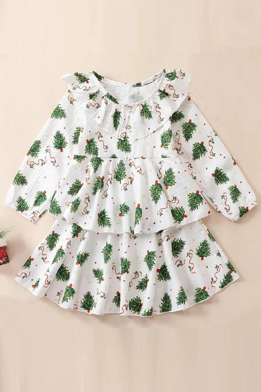 Autumn Christmas Kids Toddler Girls Long Sleeve Doll Collar Tree Print Princess Dress Clothes Casual Long Skirt