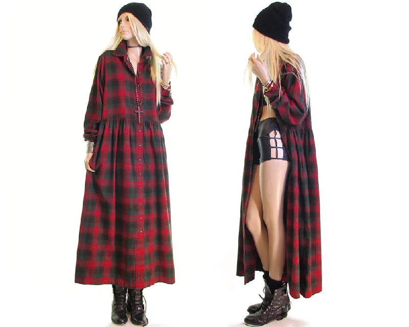 Vintage 90s Scotch Plaid Flannel Dress - Riot Grrrl Punk Rock Goth Grunge Duster Maxi Dress - Cotton Size XL/X Large Petite Long Floral Skirt