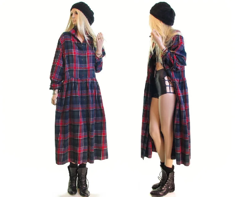 COTTON PLAID flannel dress scotch plaid maxi dress DUSTER jacket punk rock 90s grunge dress goth dress Riot Grrrl punk rock dress Size Petite Small Summer Beach Maxi