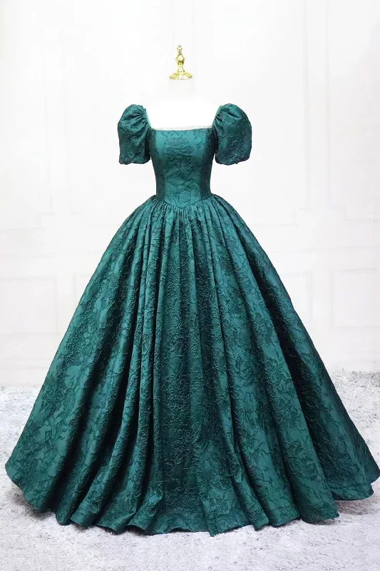 Elegant Printed Pattern Floor Length Prom Dress, Dark Green Short Sleeve Formal Dress Mini Skirt with Pockets