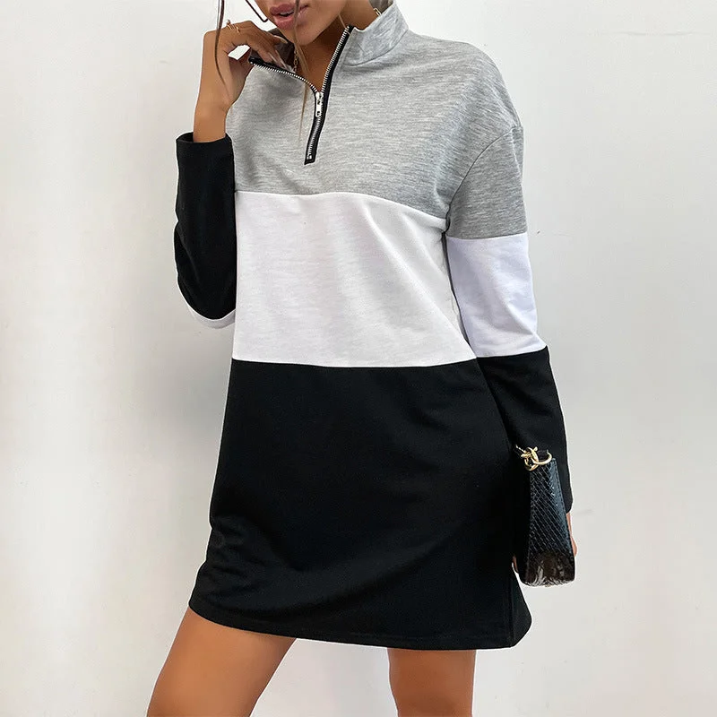 Fashionable Long Sleeve Color-Block Women's Hoodie Dress Flowy Maxi Skirt