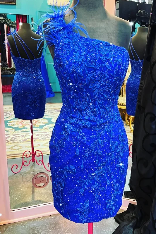 Glitter Royal Blue One Shoulder Lace Short Homecoming Dresses with Feather Wrap Mini Skirt