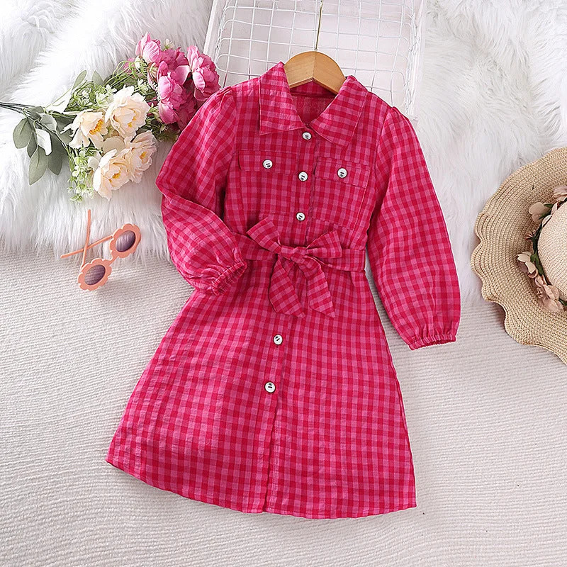 Kids Plaid Gingham Long Sleeve Button Up Dress Midi Maxi Outfit