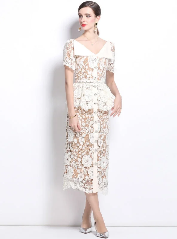 Lapel Short Sleeve Lace Slim Waist Dress Mini Skirt Classic