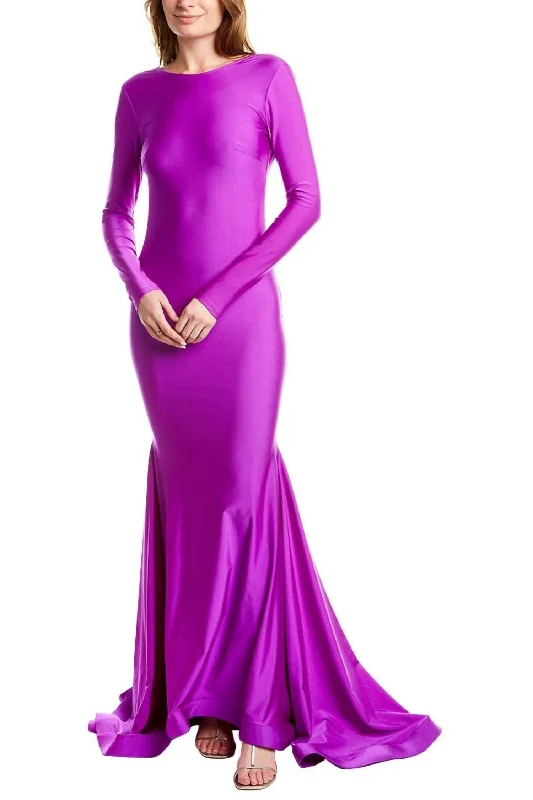 Long Sleeve Evening Gown in Magenta Sleek Maxi Skirt