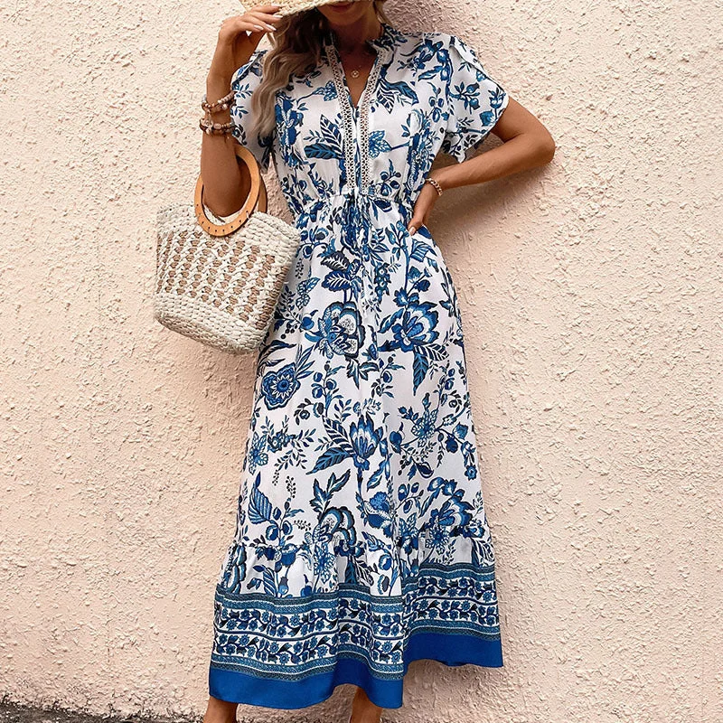 New Blue Floral Print Slimming Maxi Dress Fitted Maxi Skirt