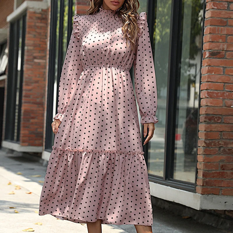 New Fashion Long Sleeve Polka Dot Dress Sexy Long Skirt