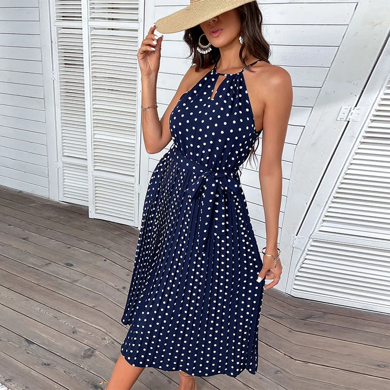 Summer Fashion Polka Dot Halterneck Maxi Dress High-Low Maxi Skirt