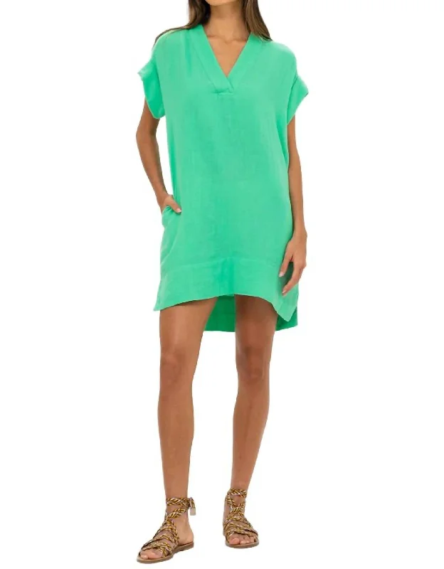 V-Neck Mini Dress In Bahama Green Pleated Denim Skirt