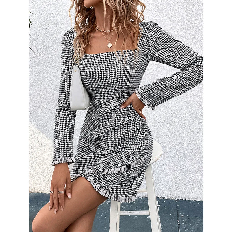 Women Clothing Long Sleeve Houndstooth Dress Hip Dress Square Collar Slimming Elegant Dress Women Denim Maxi Skirt