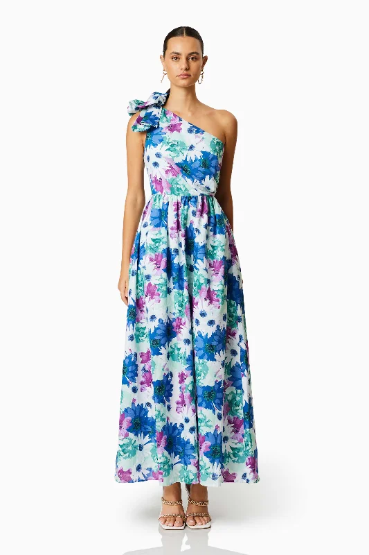 Aloha One Shoulder Midi Dress In Blue Casual Midi Outfit