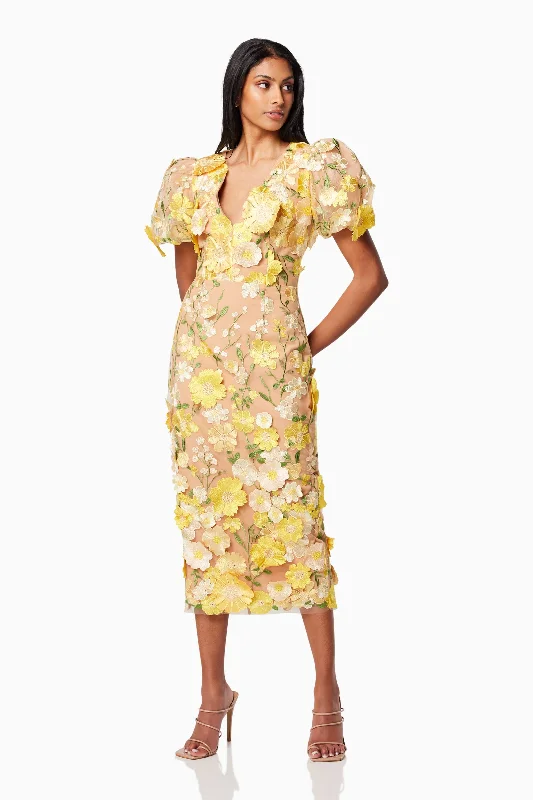 Indie 3D Floral Midi Dress In Yellow Midi Skirt Dress