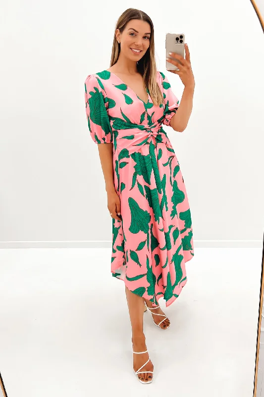 Nony Midi Dress Pink Green Floral A-line Skirt