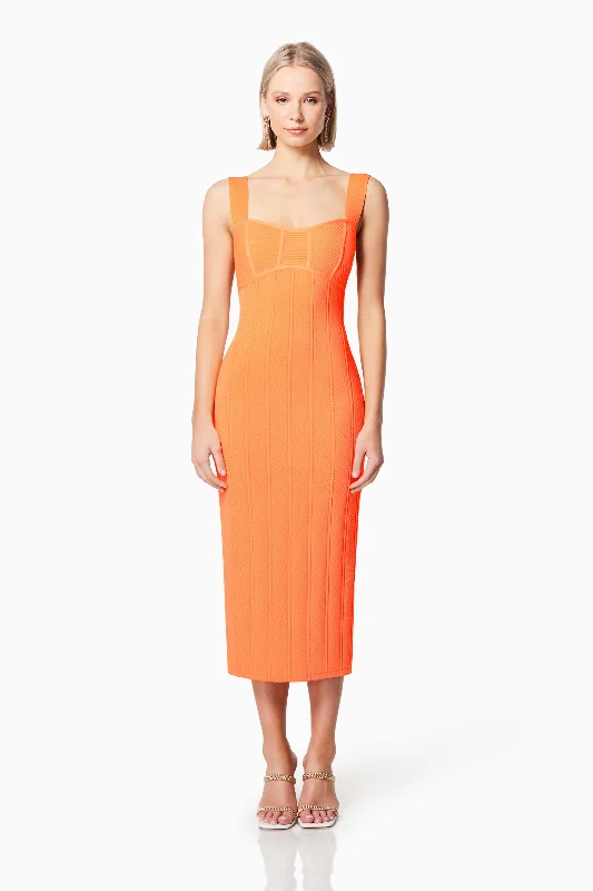 Sterling Textured Midi Dress In Orange Ribbed Midi Skirt